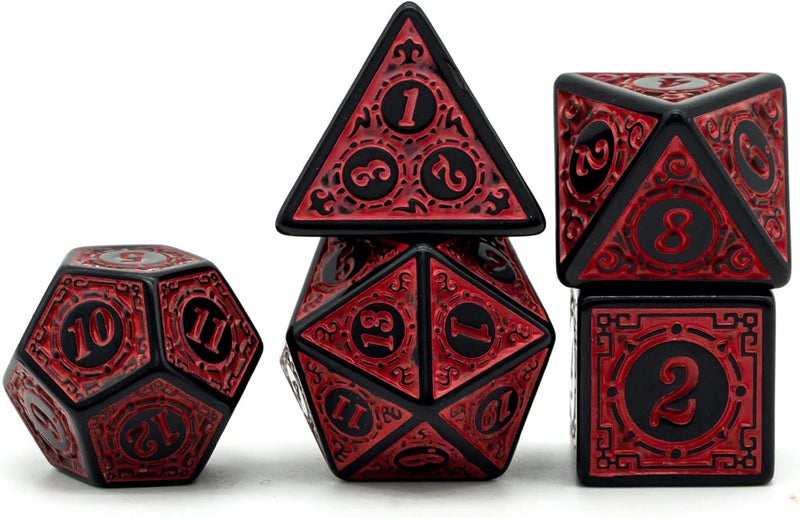 Poludie مجموعة نرد DND - نرد متعدد الأوجه (7 قطع) مع حقيبة نرد جلدية لألعاب تقمص الشخصيات Dungeons and Dragons (أحمر مع حواف سوداء) - Image 2